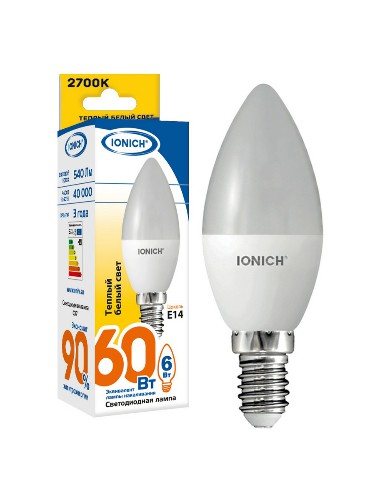 Лампа светодиодная IONICH ILED-SMD2835-C37-6Вт-540Лм-230В-2700К-E14 (10/100)