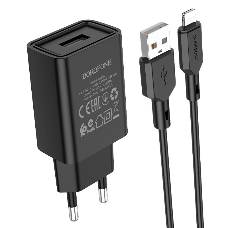 Блок питания сетевой 1 USB Borofone BA68A, Glacier, 2100mA, кабель 8 pin, цвет: чёрный (1/60/240)