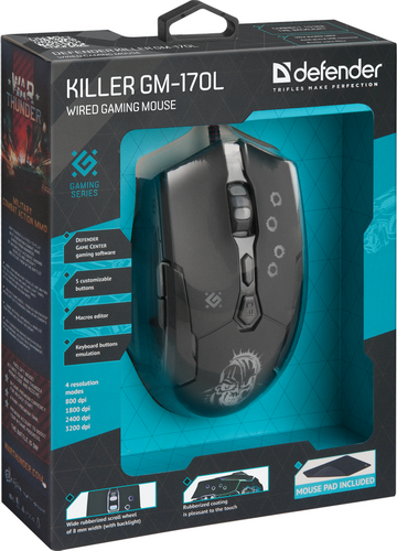 Мышь проводная игровая DEFENDER Killer GM-170L, USB, 7 кнопок, черный (1/40)