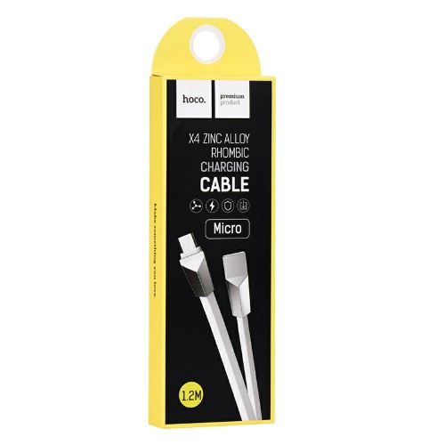 Кабель USB - микро USB HOCO X4 Zinc Alloy Rhombus, 1.2м, плоский, 2.1A, силикон, цвет: белый (1/32/3