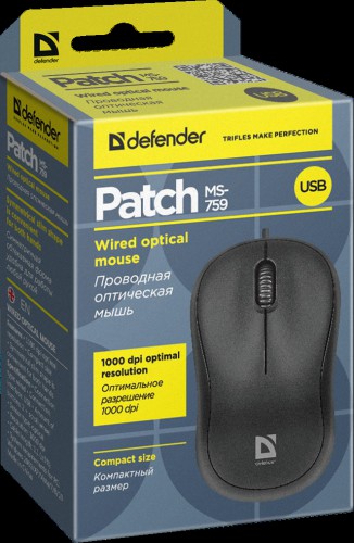 Мышь проводная DEFENDER Patch MS-759, USB, 3 кнопки, 1000 dpi, черный (1/100)