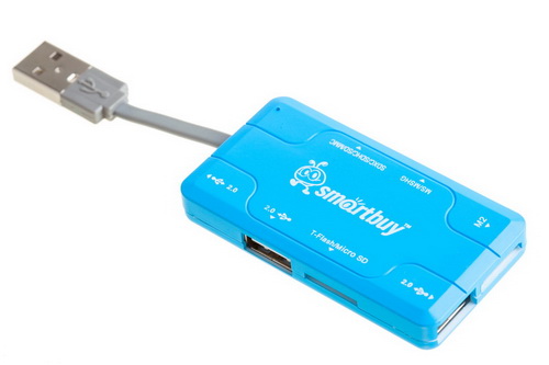 Картридер + Хаб Smartbuy 750, USB 2.0 3 порта+SD/microSD/MS/M2 Combo (SBRH-750-B), голубой (1/5)