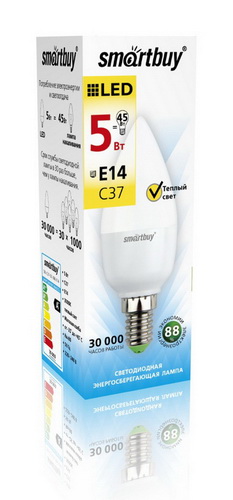 Лампа светодиодная SMARTBUY C37 5Вт 220V 3000K E14 (свеча, теплый свет) (10/100)
