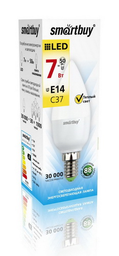 Лампа светодиодная SMARTBUY C37 7Вт 220V 3000K E14 (свеча, теплый свет) (10/100)