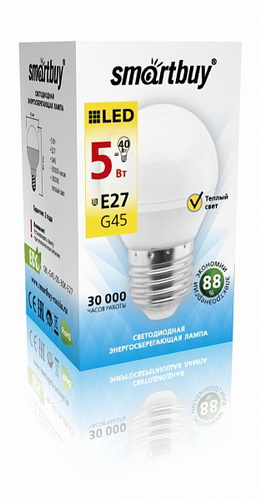 Лампа светодиодная SMARTBUY GL45 5Вт 220V 3000K E27 (глоб, тёплый свет) (10/100)