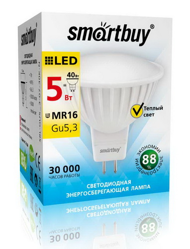 Лампа светодиодная SMARTBUY GU5.3 (MR16) 5Вт 220V 3000K (рефлекторная, теплый свет) (10/100)