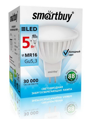 Лампа светодиодная SMARTBUY GU5.3 (MR16) 5Вт 220V 4000K (рефлекторная, нейтральный свет) (10/100)