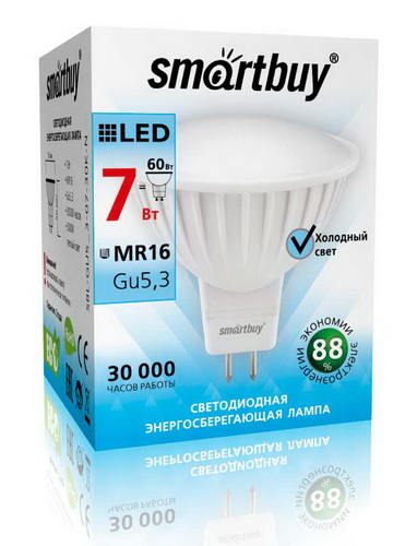 Лампа светодиодная SMARTBUY GU5.3 (MR16) 7Вт 220V 4000K (рефлекторная, нейтральный свет) (10/100)