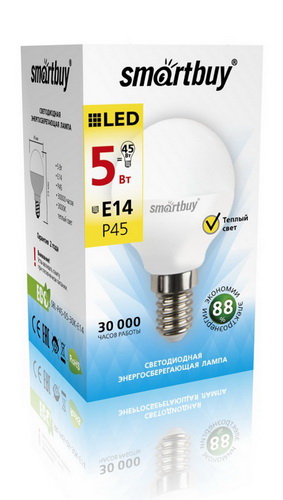 Лампа светодиодная SMARTBUY P45 5Вт 220V 3000K E14 (глоб, теплый свет) (10/100)