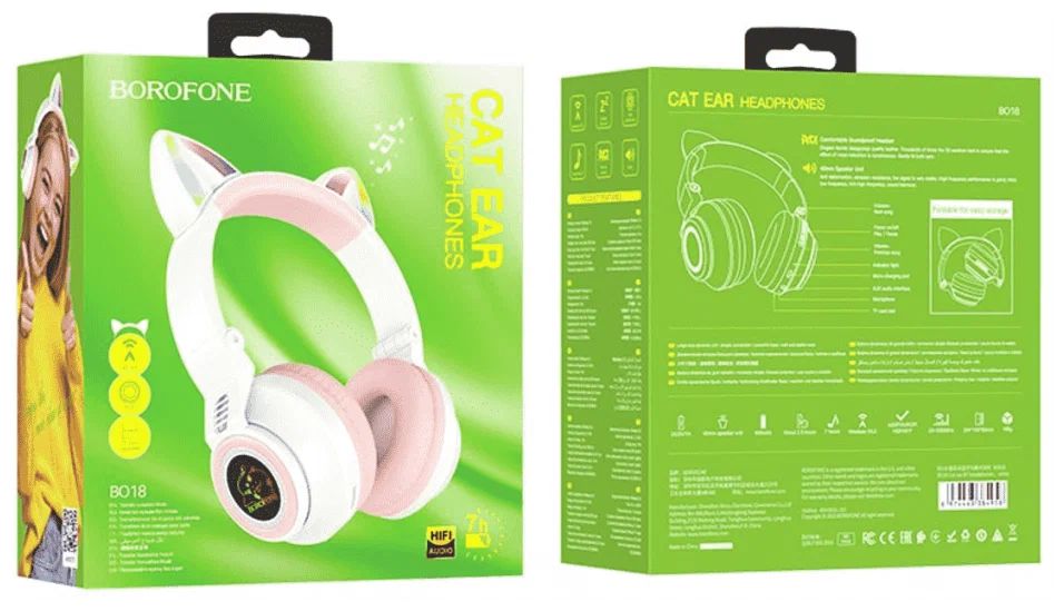 Наушники полноразмерные Borofone BO18 Cat, bluetooth 5.0, AUX, цвет: белый (1/36)