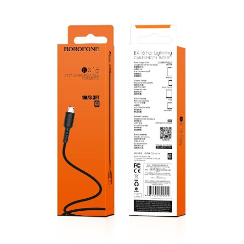 Кабель USB - микро USB Borofone BX16 Easy, 1.0м, круглый, 2.0A, ПВХ, цвет: чёрный (1/648)