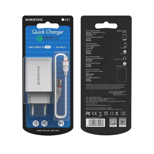 Блок питания сетевой 1 USB Borofone BA21A, Longjourney, 3.0A, пластик, быстрая зарядка 3.0, кабель м
