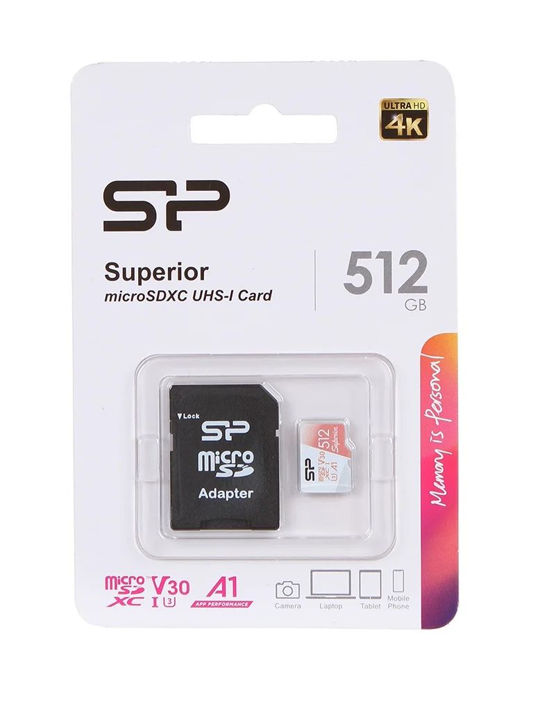 MicroSDXC  512GB  Silicon Power Class 10 Superior A1 UHS-I U3 (R/W 100/80 Mb/s) + SD адаптер
