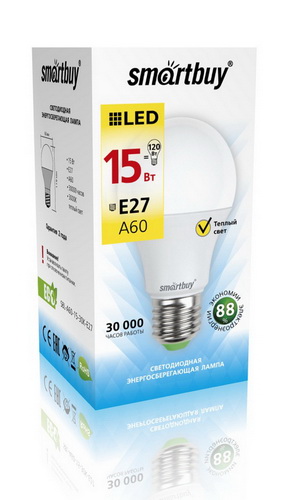 Лампа светодиодная SMARTBUY A60 15Вт 220V 3000K E27 (тёплый свет) (1/10/100)