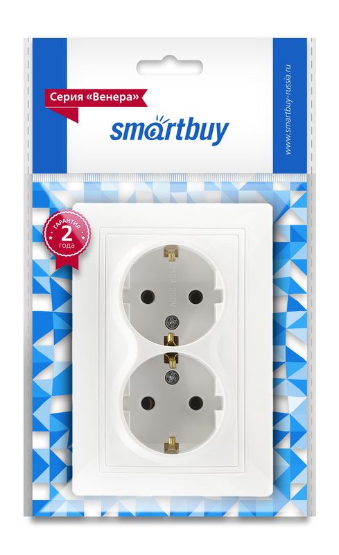 Розетка SMARTBUY скрытая установка, 2-местная с заземлением 16А белая "Венера" (SBE-01w-16-S2-Z) (1/
