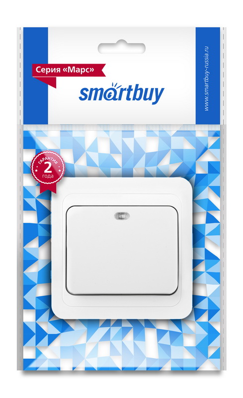 Выключатель SMARTBUY скрытая установка, 1-клавишный с индикатором 10А белый "Марс" (SBE-02w-10-SW1-1