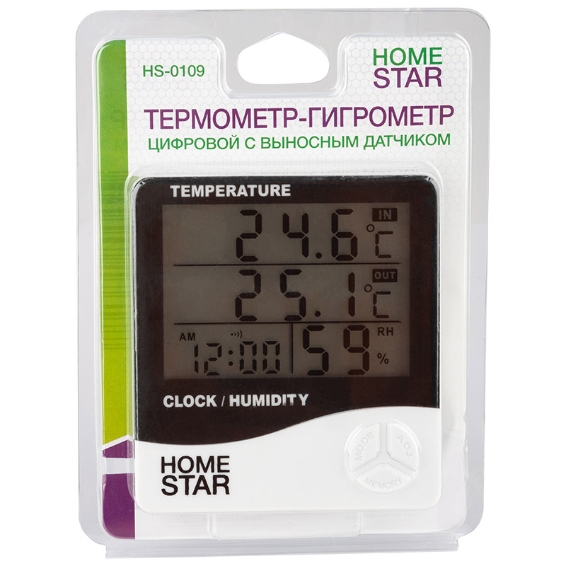 Термометр-гигрометр цифровой HOMESTAR HS-0109   с выносным датчиком (1/30/120)