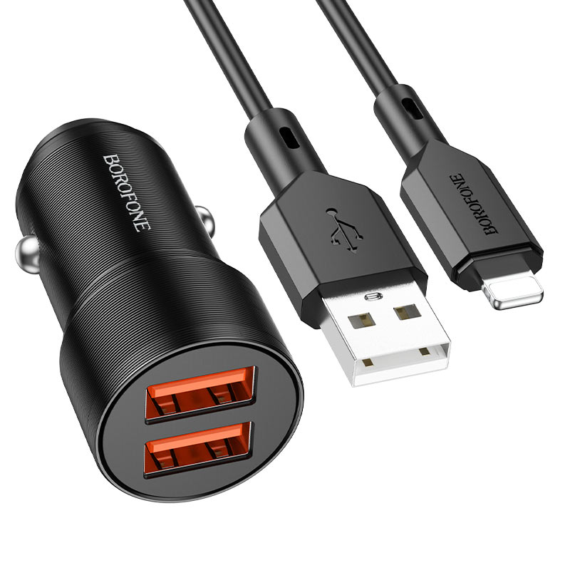 Блок питания автомобильный 2 USB Borofone BZ19, Wisdom, 12Вт, кабель 8 pin, цвет: чёрный (1/94/376)