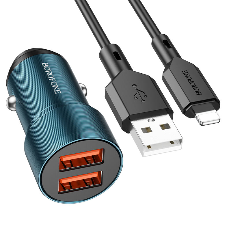 Блок питания автомобильный 2 USB Borofone BZ19, Wisdom, 12Вт, кабель 8 pin, цвет: синий (1/94/376)