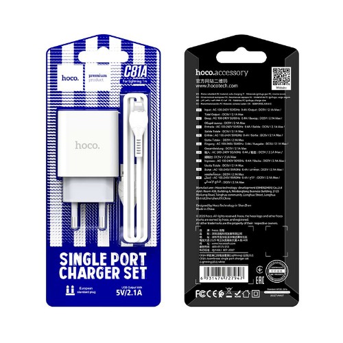 Блок питания сетевой 1 USB HOCO C81A, Asombroso, 2100mA, пластик, огнестойкий, кабель  8 pin, X37 co