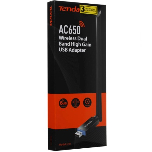 Wi-Fi адаптер TENDA U10, 802.1ac, до 650Мбит/с (433+200), антенна 1*6dBi внешняя, черный (1/90)