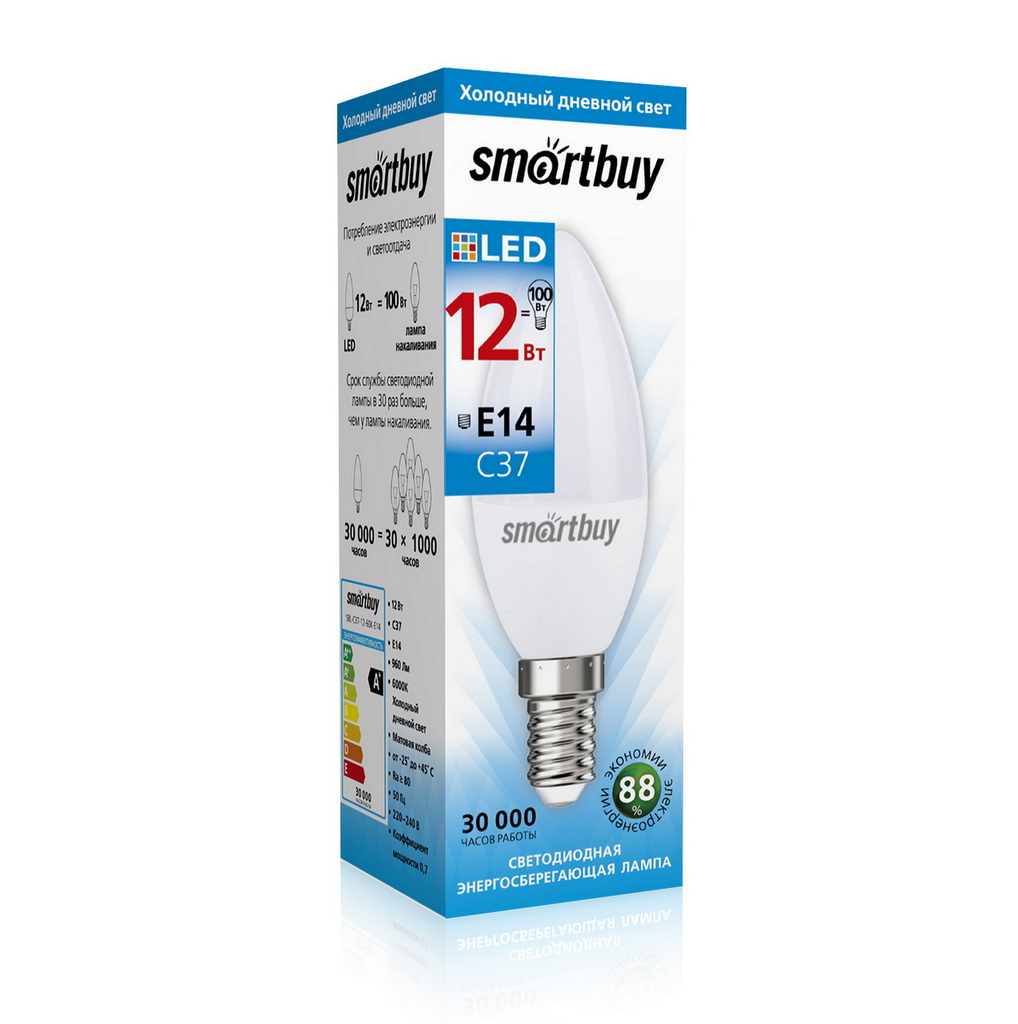 Лампа светодиодная SMARTBUY C37 12Вт 220V 6000K E14 (холодный свет) (10/100)
