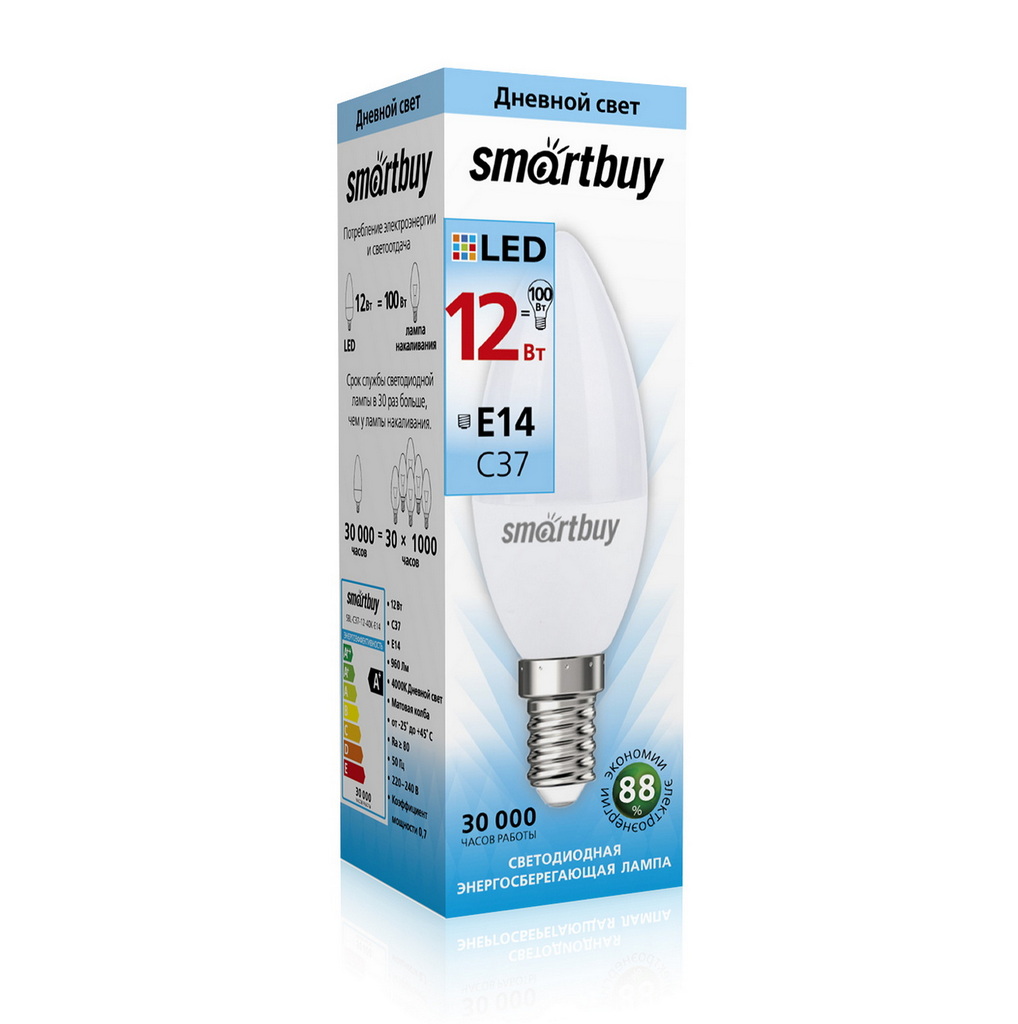 Лампа светодиодная SMARTBUY C37 12Вт 220V 4000K E14 (нейтральный свет) (10/100)