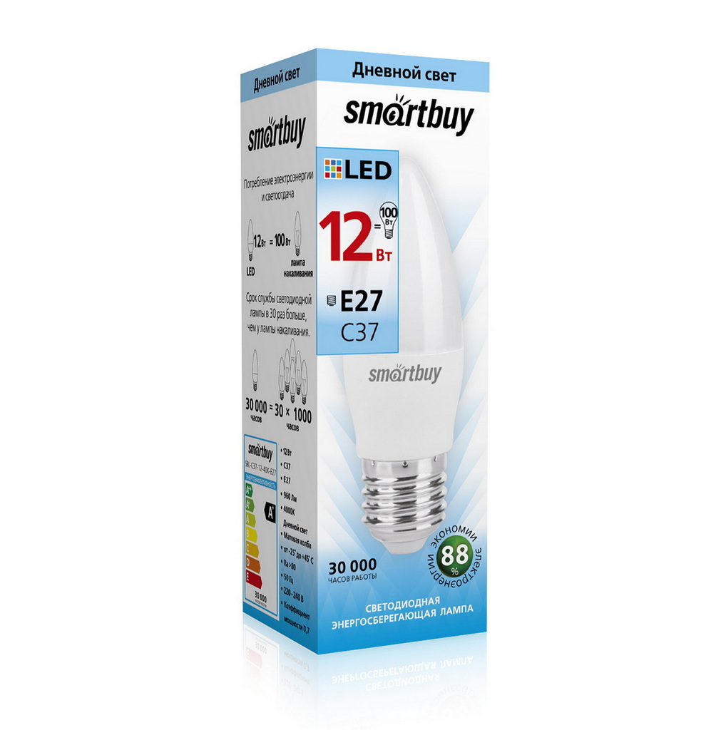 Лампа светодиодная SMARTBUY C37 12Вт 220V 4000K E27 (нейтральный свет) (10/100)