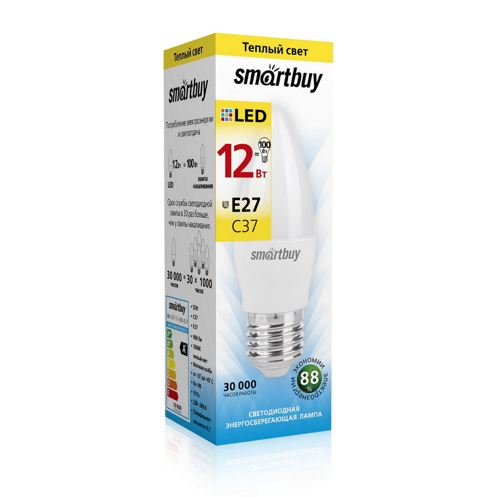 Лампа светодиодная SMARTBUY C37 12Вт 220V 3000K E27 (теплый свет) (10/100)
