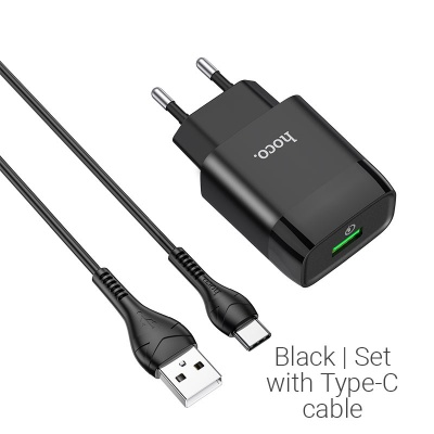 Блок питания сетевой 1 USB HOCO C72Q, Glorious, 2400mA, пластик, QC3.0, кабель Type-C, цвет: чёрный