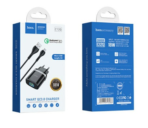 Блок питания сетевой 1 USB HOCO C12Q, 3000mA, пластик, QC3.0, кабель микро USB, цвет: чёрный (1/10/1