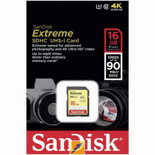 SDHC  16GB  SanDisk Class10 Extreme UHS-I U3 (90 Mb/s)