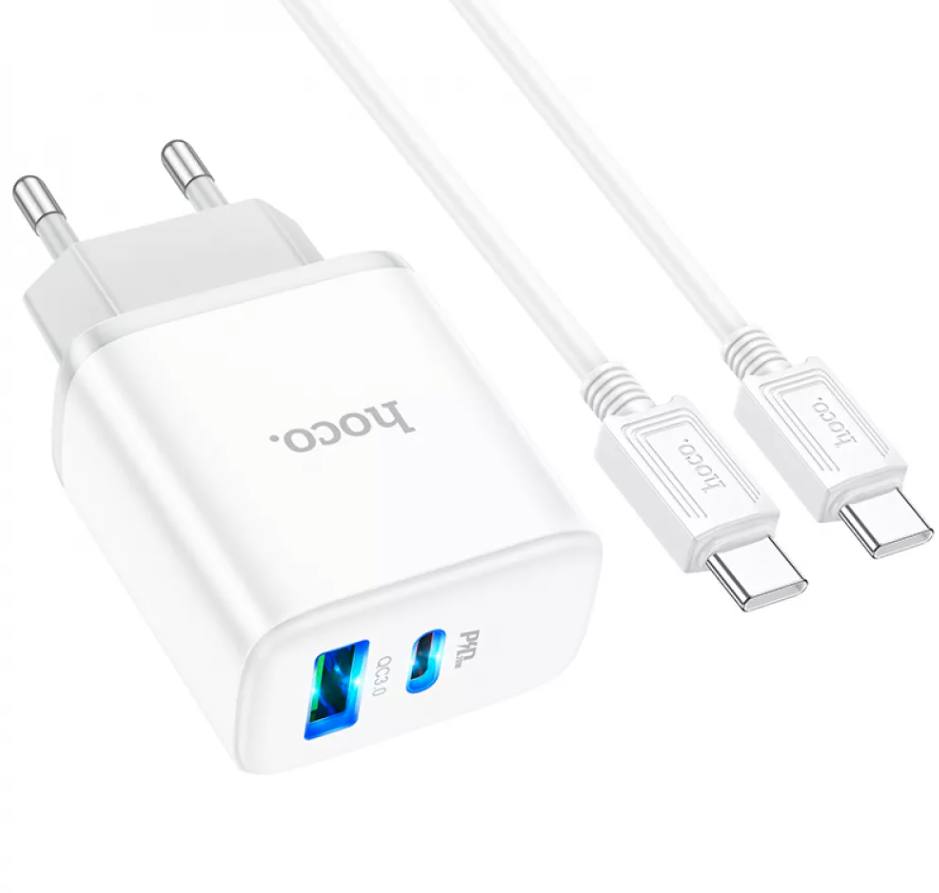Блок питания сетевой 1 USB, 1 Type-C HOCO C105A Stage, PD20Вт, QC3.0, кабель Type-C, цвет: белый (1/