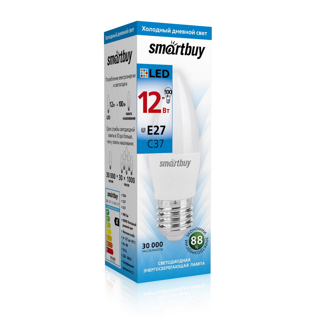 Лампа светодиодная SMARTBUY C37 12Вт 220V 6000K E27 (холодный свет) (10/100)