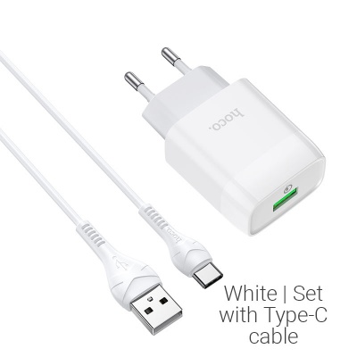 Блок питания сетевой 1 USB HOCO C72Q, Glorious, 3A, пластик, QC3.0, кабель Type-C, цвет: белый (1/30