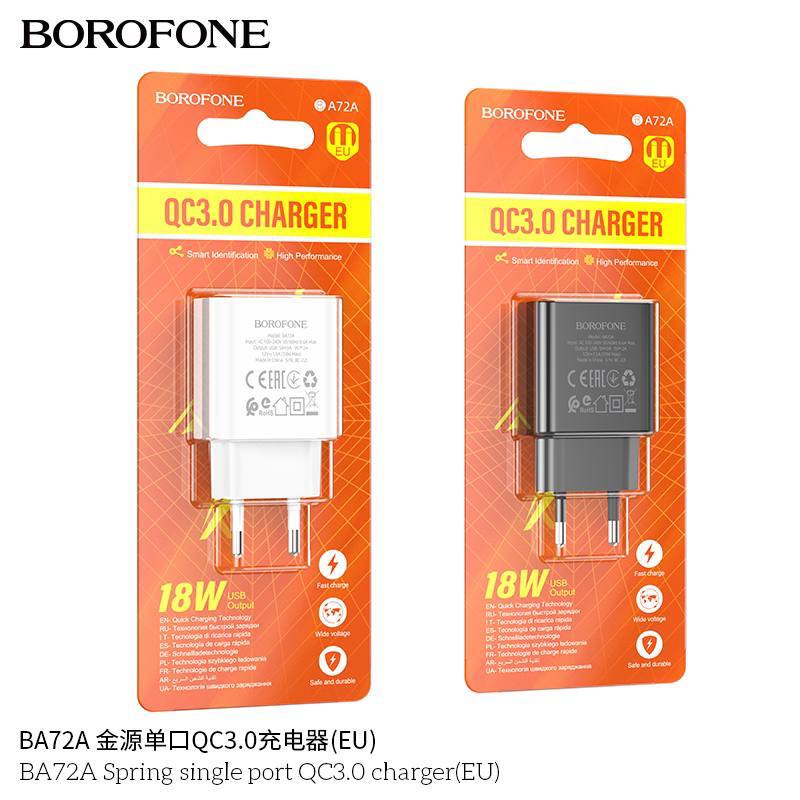 Блок питания сетевой 1 USB Borofone BA72A Spring, пластик, QC3.0, цвет: чёрный (1/75/300)
