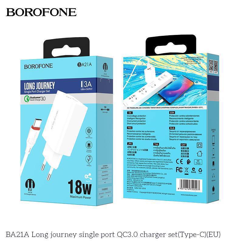 Блок питания сетевой 1 USB Borofone BA21A, Longjourney, 3.0A, пластик, быстрая зарядка 3.0, кабель T
