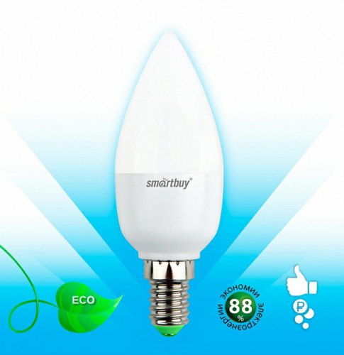Лампа светодиодная SMARTBUY C37 9,5Вт 220V 3000K E14 (свеча, теплый свет) (10/100)