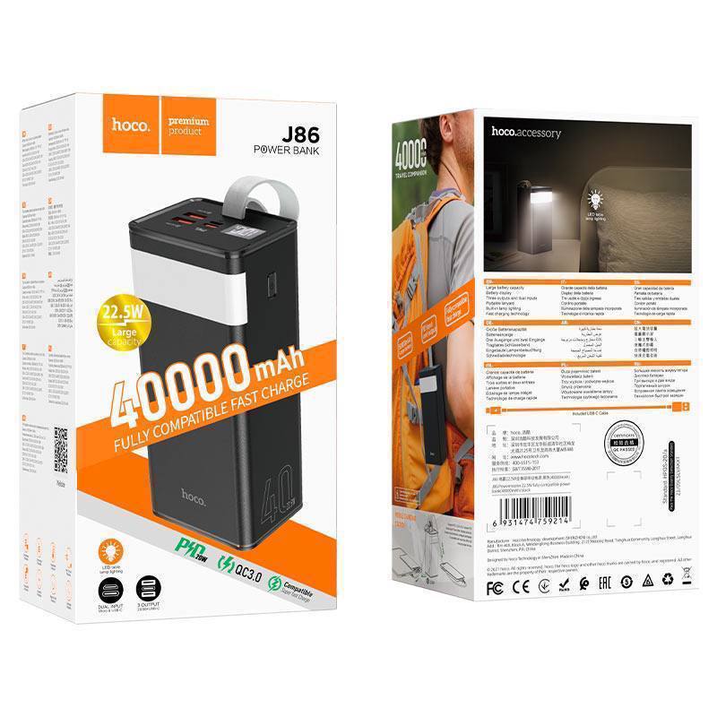 Аккумулятор внешний HOCO J86, Powermaster, 40000mAh, пластик, дисплей, 2 USB выхода, Type-C, QC3.0,
