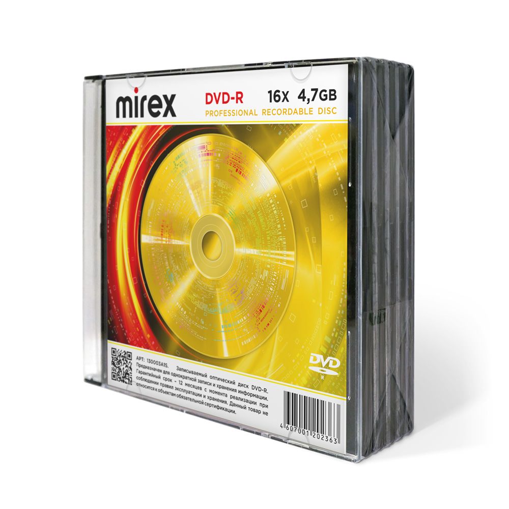 Диск MIREX DVD-R 16X 4,7GB Slim case 5 (5/200)