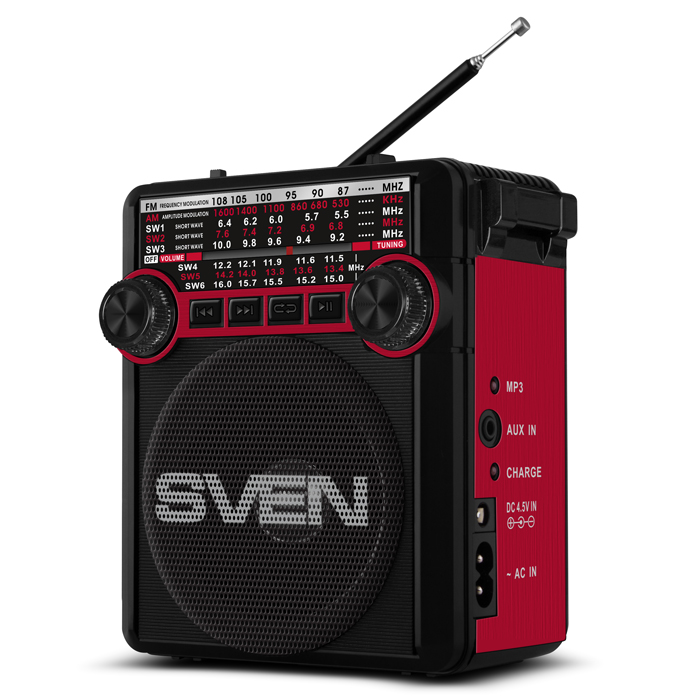 Радиоприемник SVEN SRP-355, мощность 3 Вт (RMS), FM/AM/SW, USB, SD/microSD, фонарь, встроенный аккум