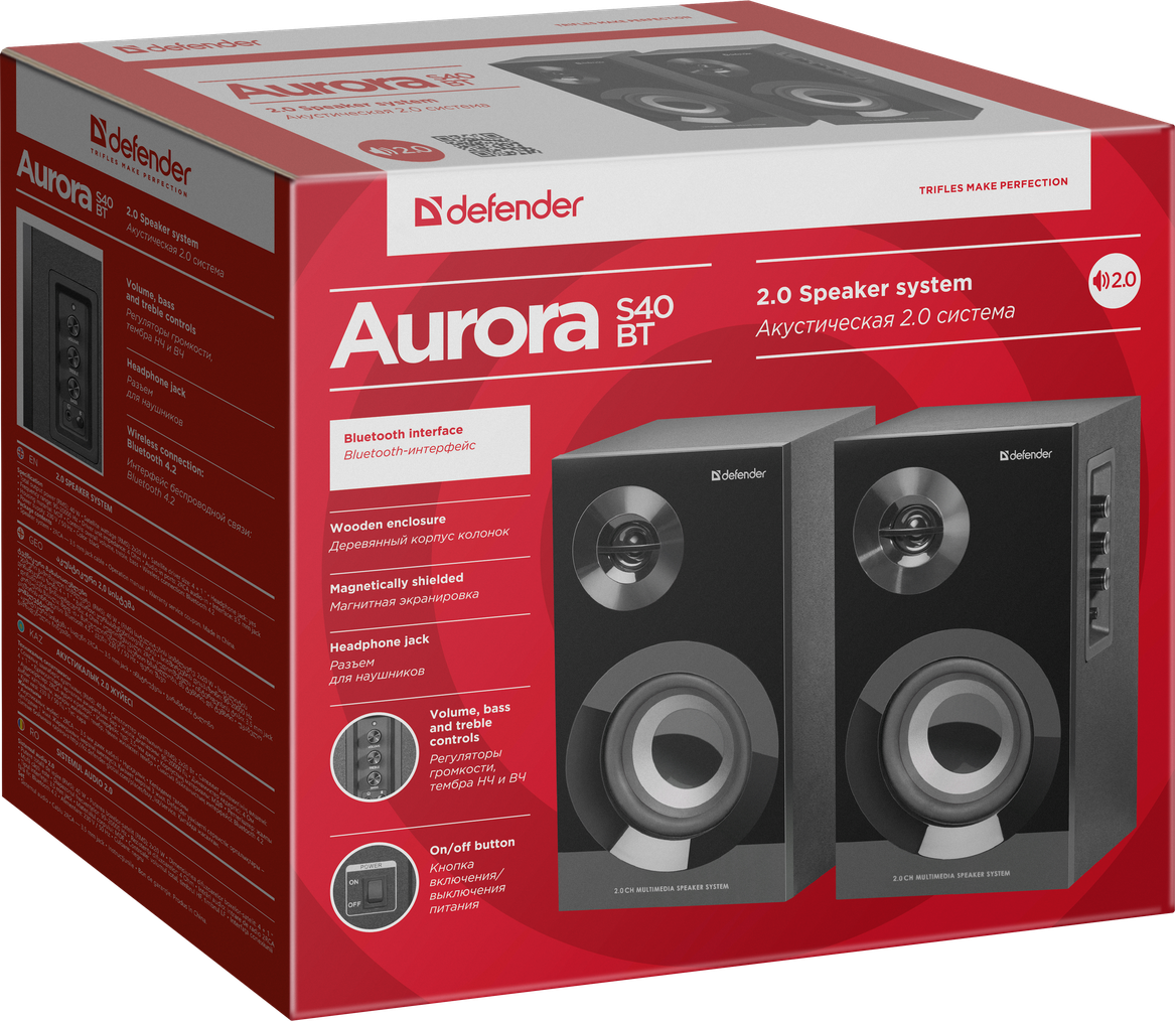 Акустическая 2.0 система DEFENDER Aurora S40 BT, черный, 40Вт, bluetooth, 220В (1/4)