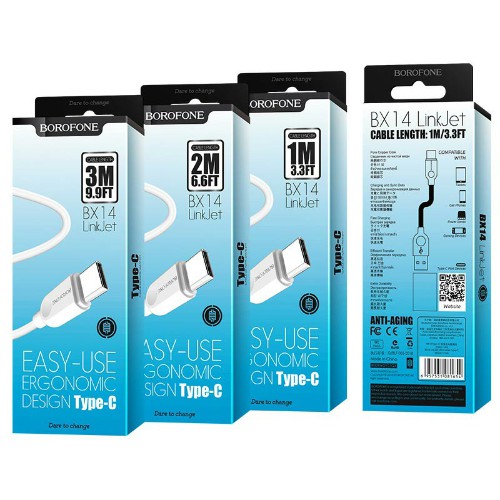 Кабель USB - Type-C Borofone BX14, 3.0м, круглый, 3.0A, силикон, цвет: белый (1/360)