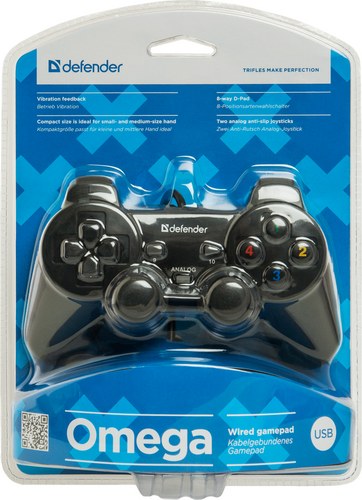 Проводной геймпад DEFENDER Omega USB,12 кнопок, 2 стика, черный (1/20/40)