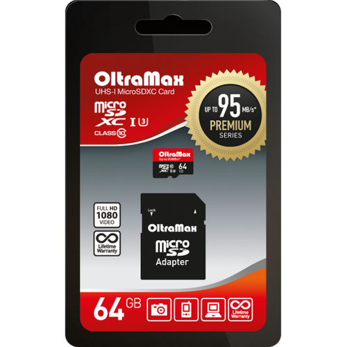 MicroSD  64GB  OltraMax Class 10 Premium UHS-I U3 (95 Mb/s) + SD адаптер