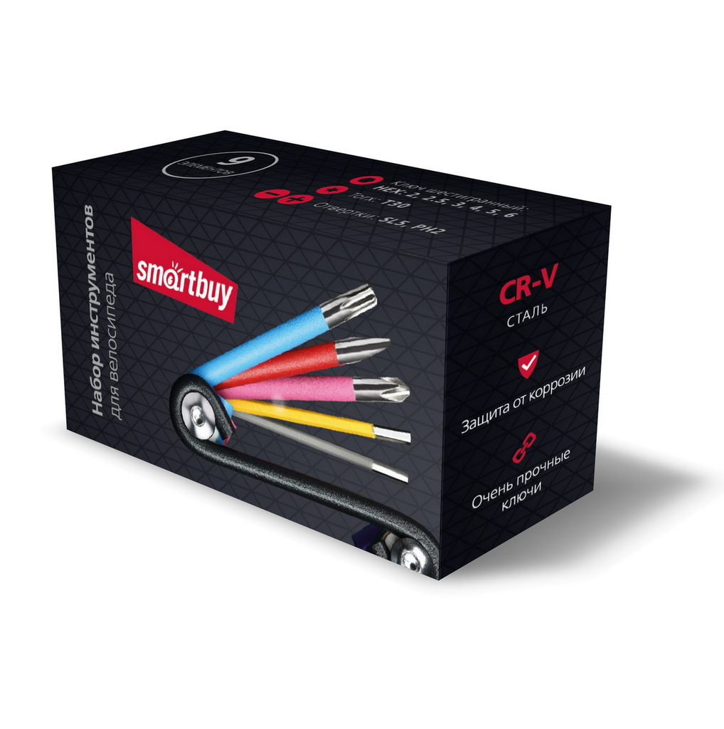 Набор SMARTBUY велосипедный 9шт, 2 отв.:SL5;PH2,HEX:2,2.5,3,4,5,6,TORX:30 CR-V (1/80)