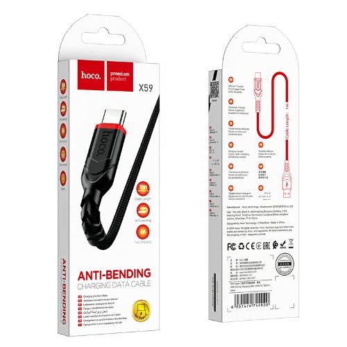 Кабель USB - Type-C HOCO X59 Victory, 1.0м, круглый, 3,0А, ткань, цвет: чёрный (1/33/330)