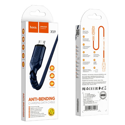 Кабель USB - микро USB HOCO X59 Victory, 1.0м, круглый, 2.4A, ткань, цвет: синий (1/33/330)