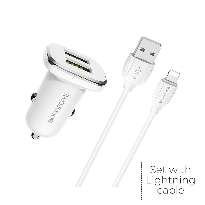 Блок питания автомобильный 2 USB Borofone BZ12, Lasting, 2400mA, пластик, кабель 8 pin, цвет: белый