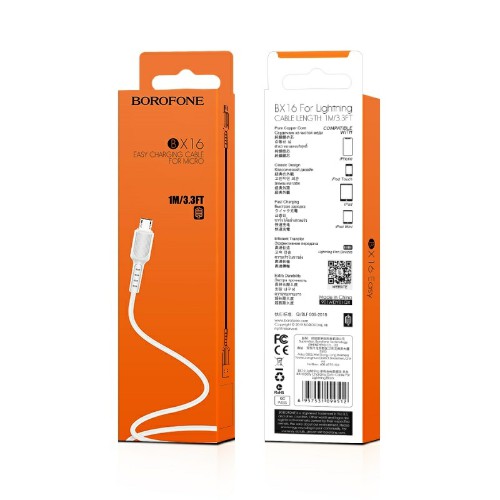 Кабель USB - микро USB Borofone BX16 Easy, 1.0м, круглый, 2.0A, ПВХ, цвет: белый (1/648)